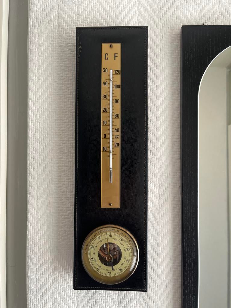 Vintage Barometer en Thermometer op Lederen Plaat, Ophalen of Verzenden, Gebruikt, Weerstation