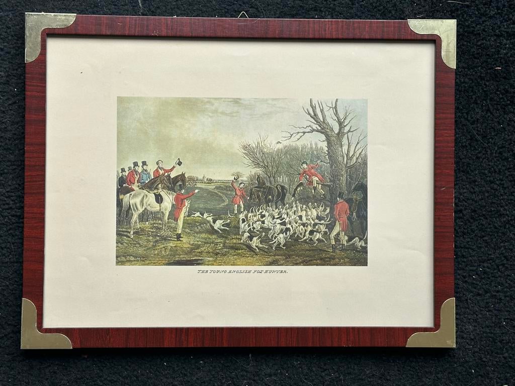 Oud prent  schilderij Jacht tafreel met paarden 43/33 cm, Ophalen of Verzenden, Gebruikt