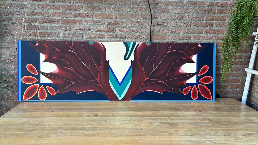 Schilderij Kunst Hoofdbord Blad blauw rood koper bruin wit, Ophalen