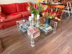 Stijlvolle glazen salontafel 101x101 cm, hoogte 39,5 cm, Ophalen, Gebruikt, 100 tot 150 cm, Vierkant