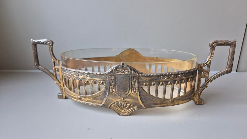 Antieke jardinière met glazen inzet, Antiek en Kunst, Antiek | Glas en Kristal, Ophalen of Verzenden