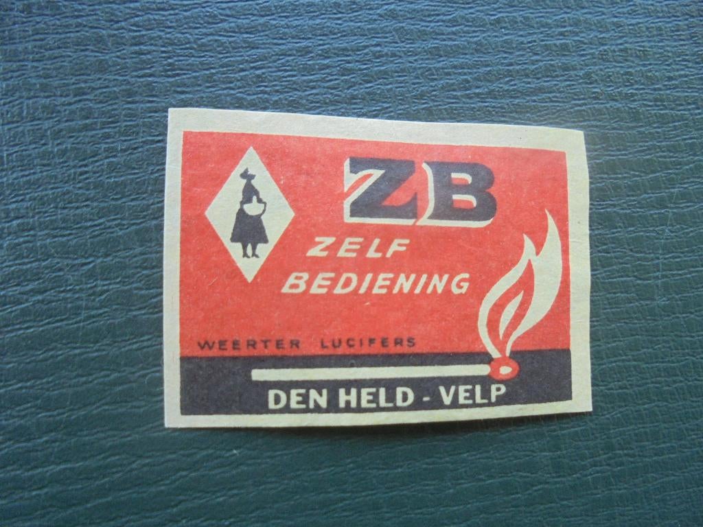 Oud lucifermerk Zelfbediening Den Held in VELP, Ophalen of Verzenden, Zo goed als nieuw, Luciferdoosjes of -merken