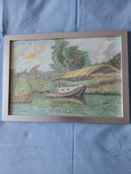 Aquarel tekening van bootje in de Br.Biesbosch., Antiek en Kunst, Ophalen of Verzenden