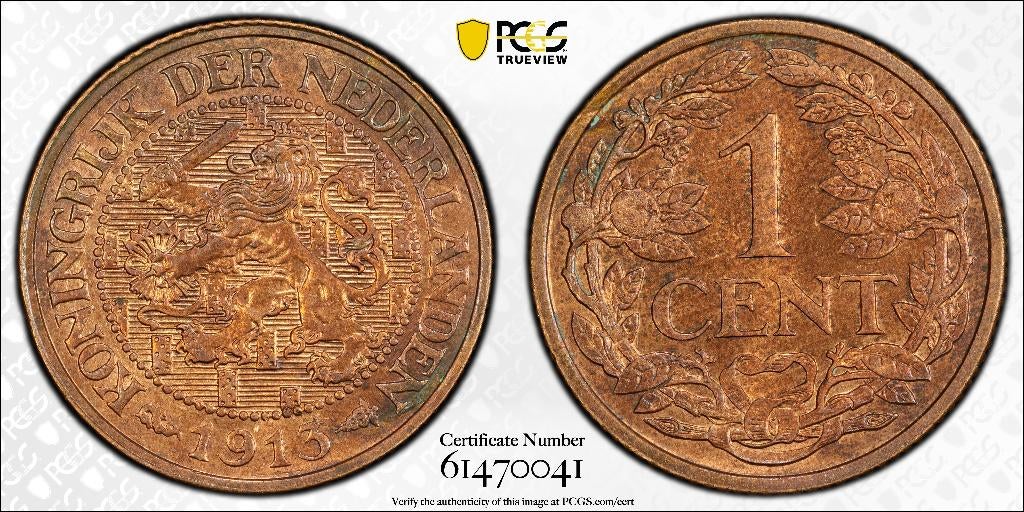 Nederland. Wilhelmina. Cent 1913 - PCGS MS64RB, Ophalen of Verzenden, Koningin Wilhelmina, 1 cent, Losse munt