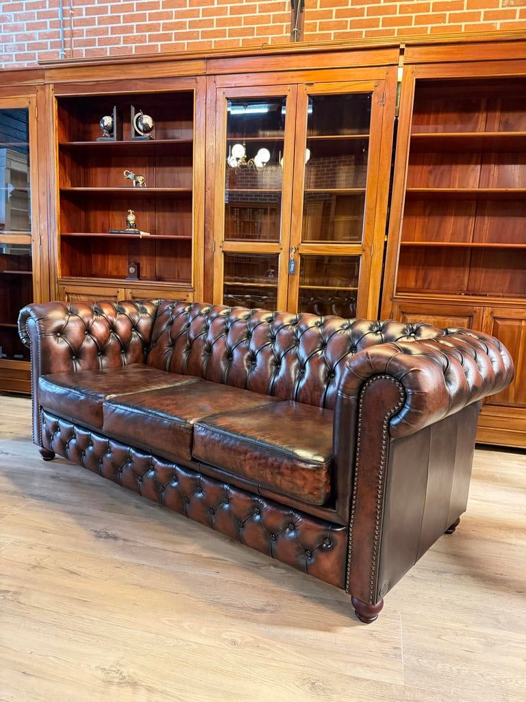 Chesterfield Brighton Bank - Bruin Gevlamd Leer, Ophalen, Info@chesterfieldjunkie.nl, 150 tot 200 cm, Driepersoons