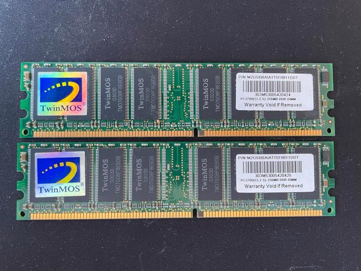 Twinmos PC2700 DDR-DIMM 2x256MB Geheugen, Computers en Software, RAM geheugen, Gebruikt, Desktop, 1 GB of minder, DDR, Ophalen of Verzenden
