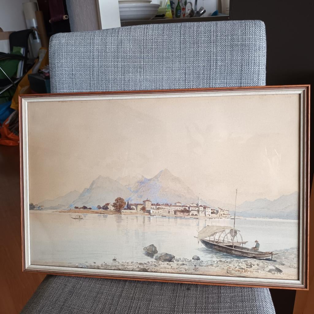 Lago Maggiore, Italië, aquarel op papier achter glas, Ophalen of Verzenden