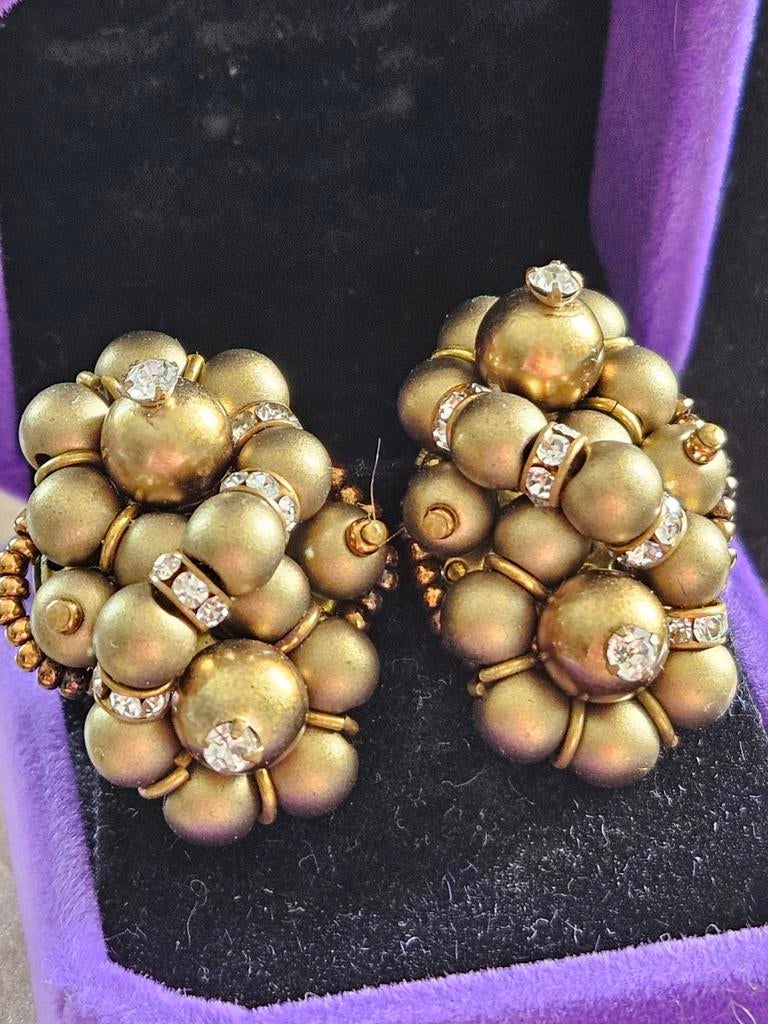 Vintage Parel Oorclips Champagnekleur met Strass 3 cm, Sieraden, Tassen en Uiterlijk, Oorbellen, Overige materialen, Gebruikt