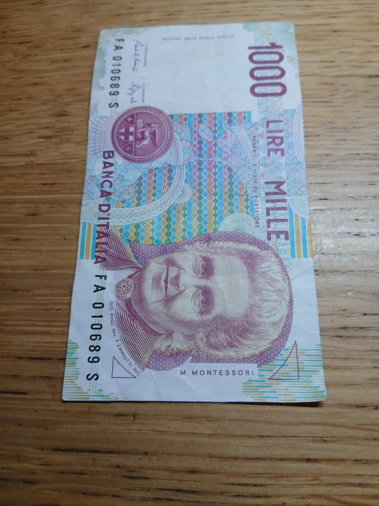 Italiaans bankbiljet 1000 lire M. Montessori, Postzegels en Munten, Bankbiljetten | Europa | Niet-Eurobiljetten, Ophalen of Verzenden