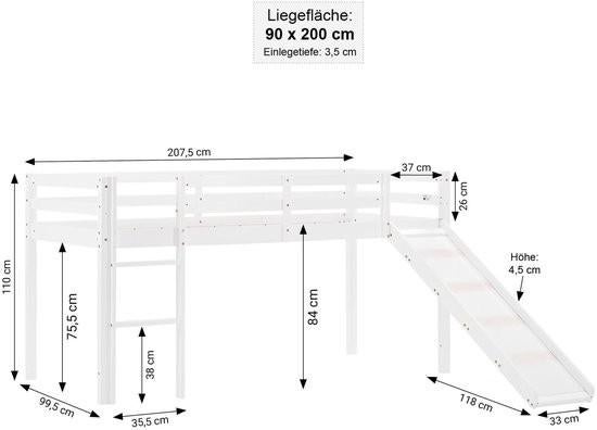 Half hoogslaper, witte hoogslaper met glijbaan- 90x200, Ophalen, 85 tot 100 cm, Gebruikt, Lattenbodem