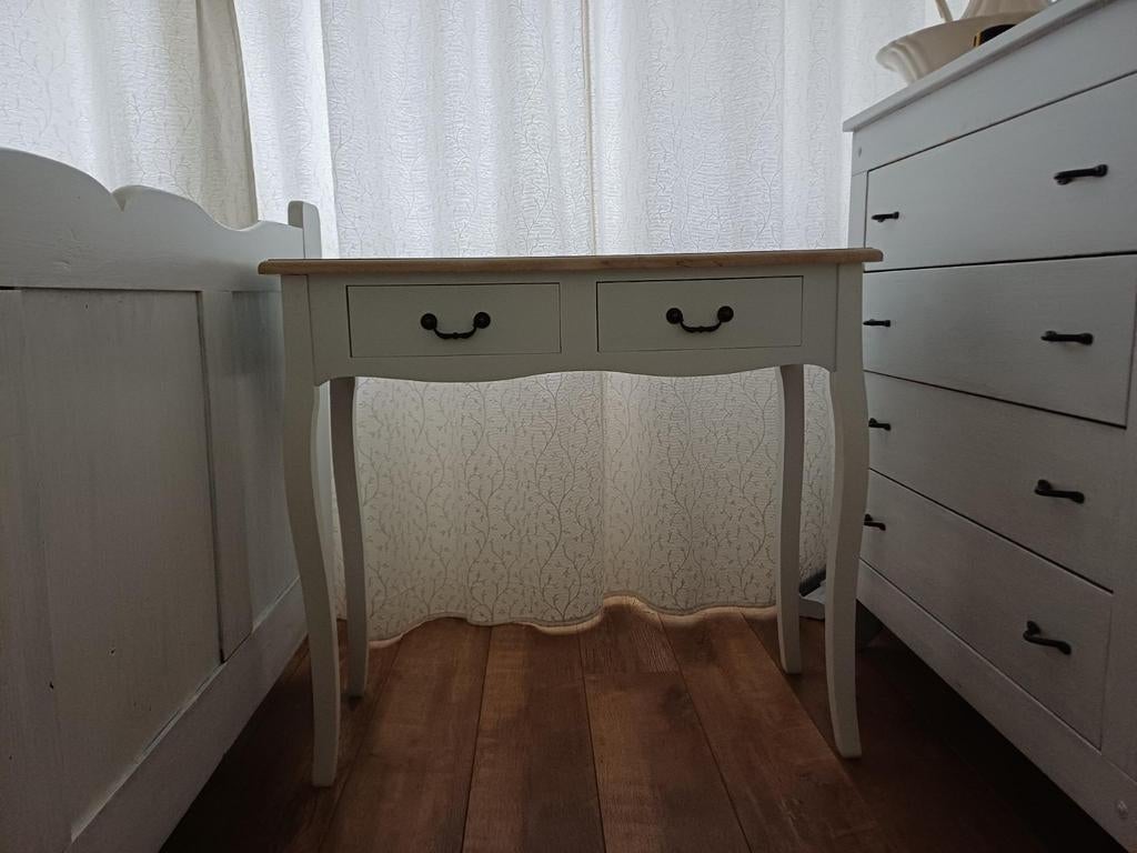 Sfeervol compact bureau / sidetable met 2 lades – wit/hout, Ophalen, Gebruikt, 50 tot 100 cm, Minder dan 100 cm
