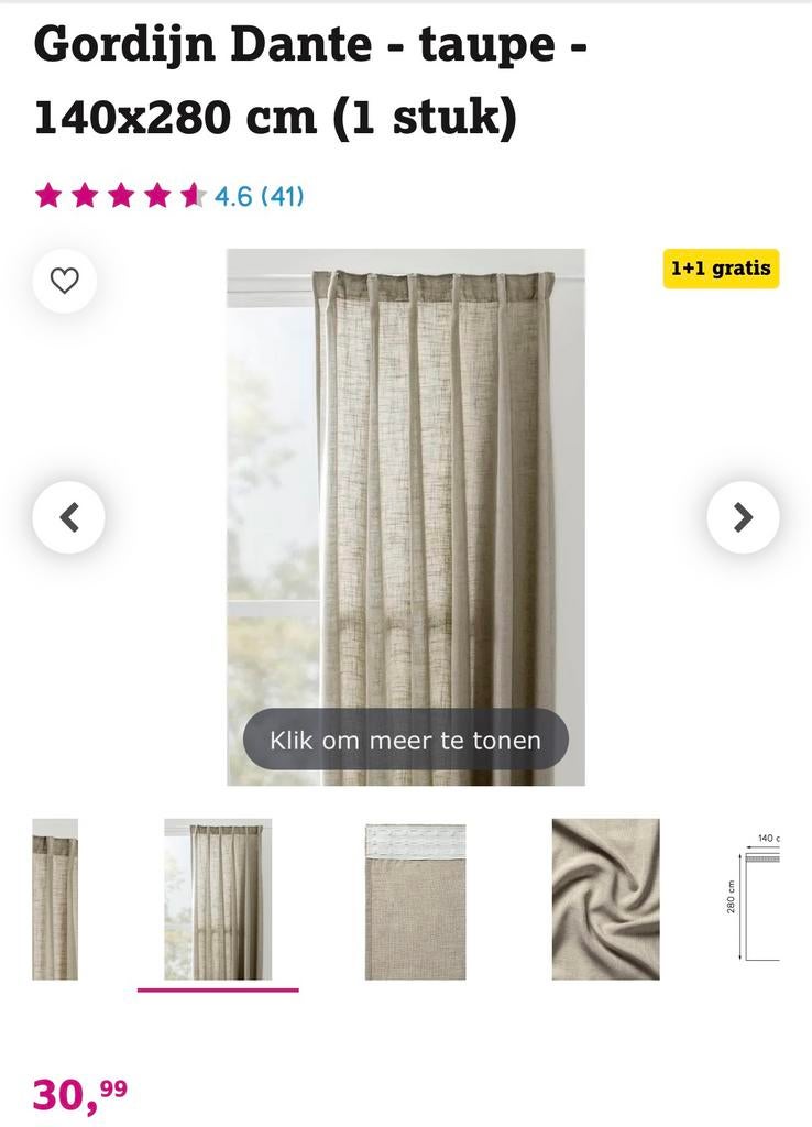 Dante Kant & Klaar overgordijn 140x280 cm, Ophalen, 100 tot 150 cm, 200 cm of meer, Nieuw