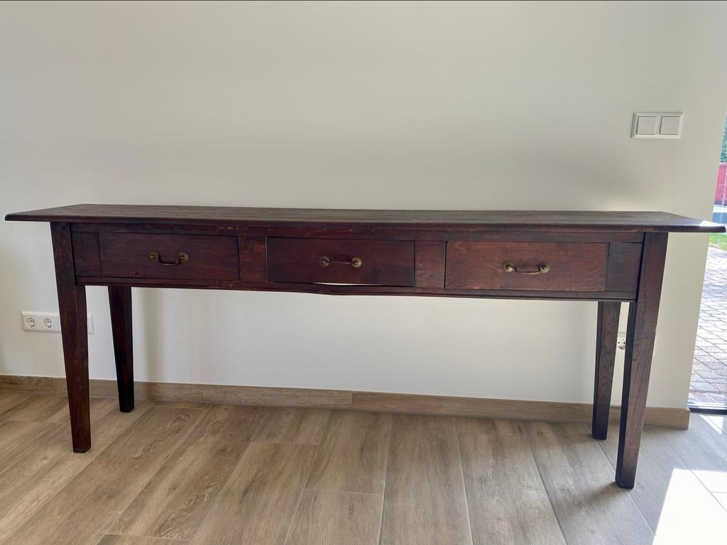 Robuuste houten sidetable met 3 lades - 200 cm, Ophalen, Gebruikt, 200 cm of meer, 25 tot 50 cm