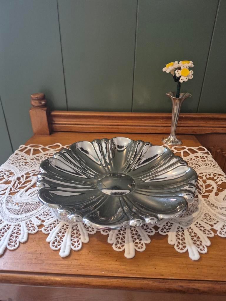 Zilverkleurige Schaal, Huis en Inrichting, Woonaccessoires | Schalen en Manden, Ophalen of Verzenden, Gebruikt, Rond, Schaal