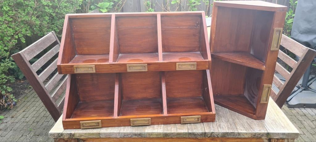 Houten sorteerbakken met messing labelhouders, Antiek en Kunst, Ophalen of Verzenden