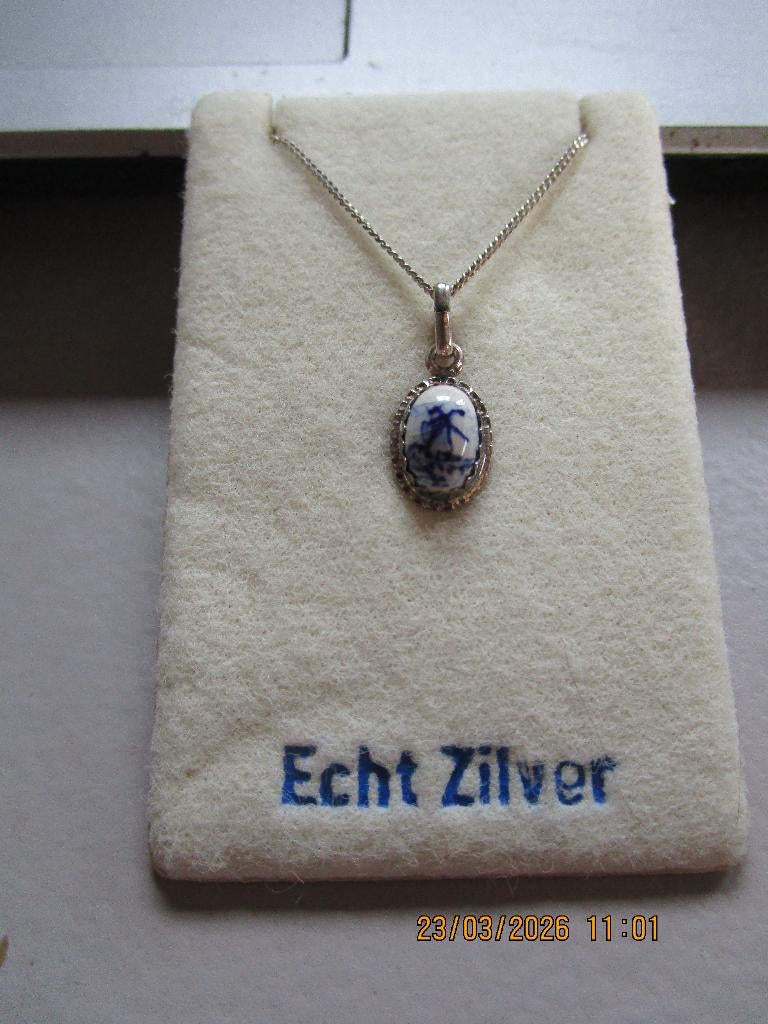 Ketting 42 cm + hanger zilver ovaal delfts blauw molen, Overige voorstellingen, Blauw, Nieuw, Ophalen of Verzenden