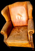 Schapenleren Chesterfield oor fauteuil naturel bruin leer, Huis en Inrichting, Fauteuils, Gebruikt, ., Chesterfield, Ophalen of Verzenden