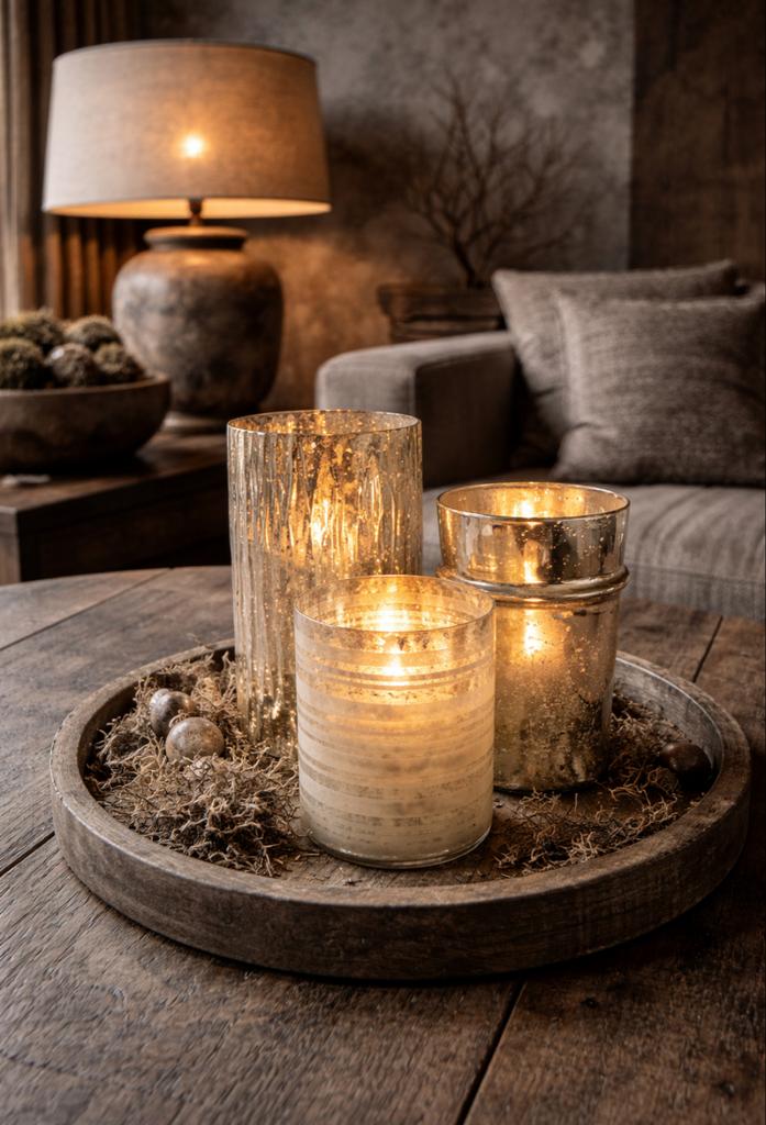 Riviera Maison 3 glazen kandelaars/windlichten zilver, Overige materialen, Ophalen of Verzenden, Zo goed als nieuw, Grijs