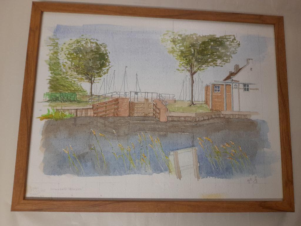 Zicht op Gemaal Eemnes Aquarel 30x40 cm met lijst, Antiek en Kunst, Ophalen