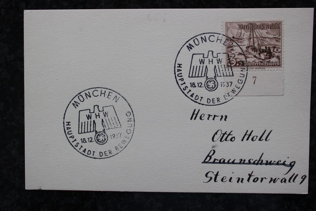1937 WO II DUITSE RIJK WHW KAART MET 2 SPECIALE STEMPELS, Verzamelen, Ophalen of Verzenden, 1920 tot 1940, Gelopen, Duitsland