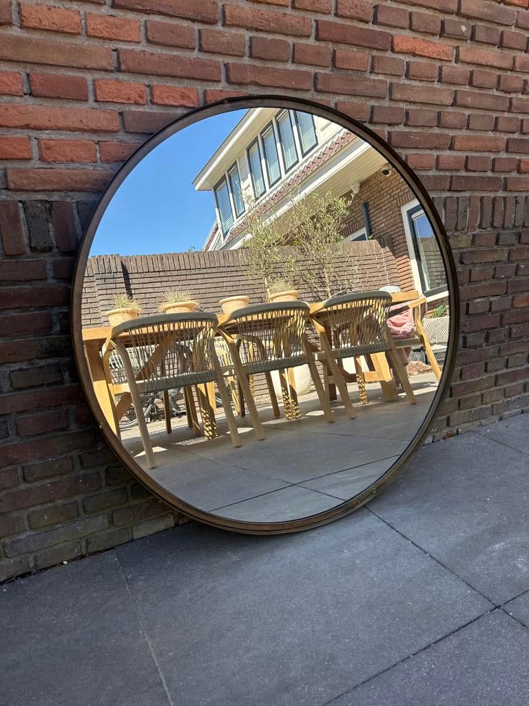 Grote ronde spiegel met bronzen rand - Doorsnede 100 cm, Huis en Inrichting, Woonaccessoires | Spiegels, Ophalen, Gebruikt, 100 tot 150 cm