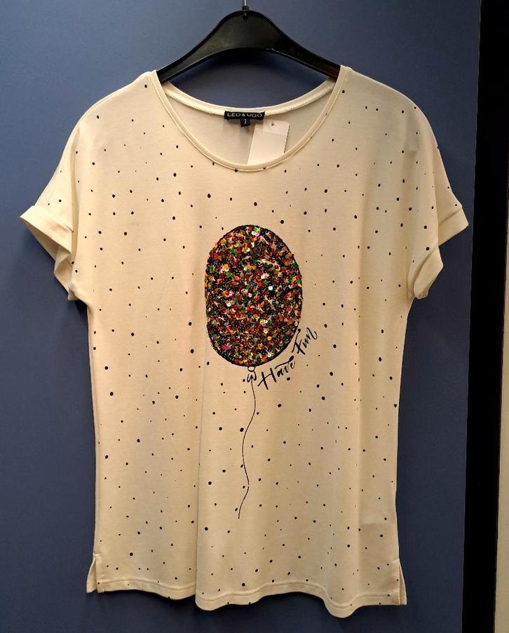 Leo & Ugo shirt ecru+ ballon kleurrijke pailletjes M 38430, Kleding | Dames, T-shirts, Gedragen, Maat 38/40 (M), Overige kleuren
