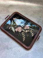 Vintage dienblad met bloemen glas en houten rand, Ophalen of Verzenden, Gebruikt, Rechthoekig, Hout