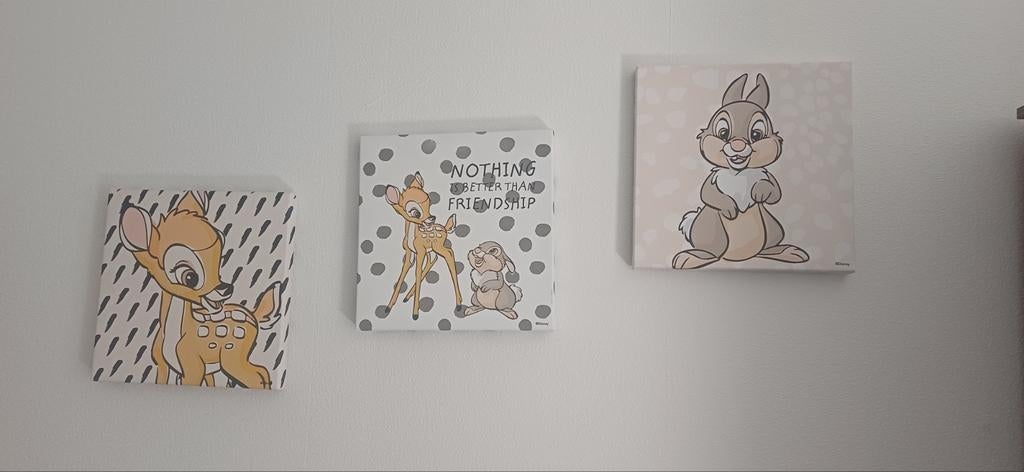 3 bambi schilderij'tjes, Ophalen of Verzenden, Gebruikt, Wanddecoratie