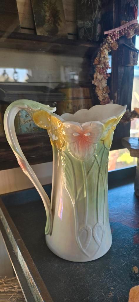 Oude gebloemde kan waterkan roze groen geel, Antiek en Kunst, Curiosa en Brocante, Ophalen of Verzenden