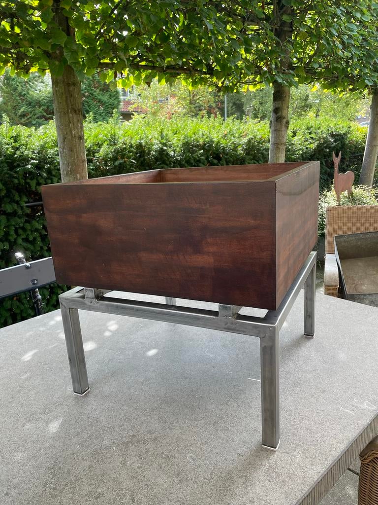 Vintage plantenbak, teakhout met binnenbak, Ophalen, Gebruikt, Binnen, 60 tot 100 cm