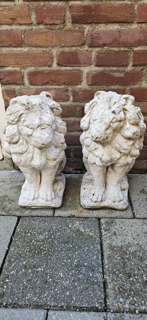 Set van 2 stenen leeuwenbeelden voor tuin of oprit (beton), Tuin en Terras, Tuinbeelden, Gebruikt, Dierenbeeld, Beton, Ophalen