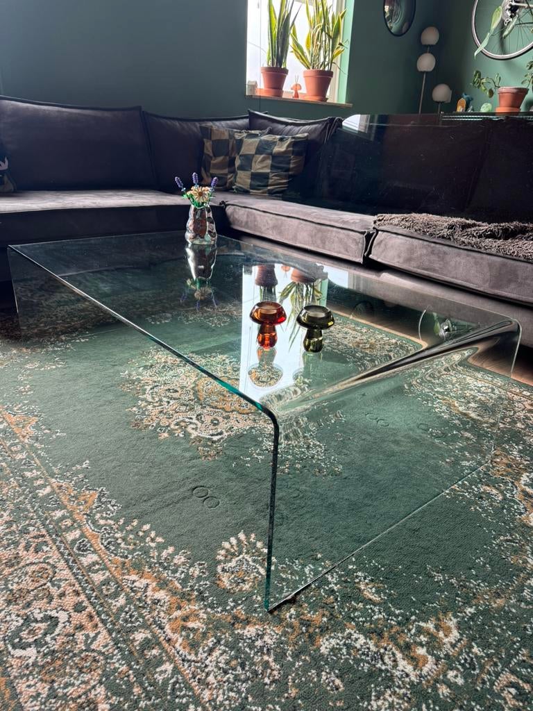 Vintage retro mid century moderne salontafel glas waterfall, Ophalen, 100 tot 150 cm, 50 tot 100 cm, Minder dan 50 cm