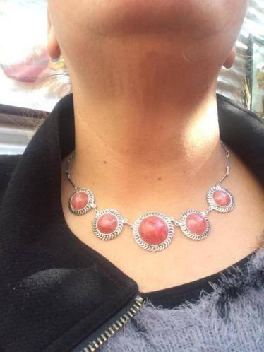 Exclusief Antiek Collier Zilver 950 & Rhodochrosiet Uniek, Ophalen, Zo goed als nieuw, Roze, Met edelsteen