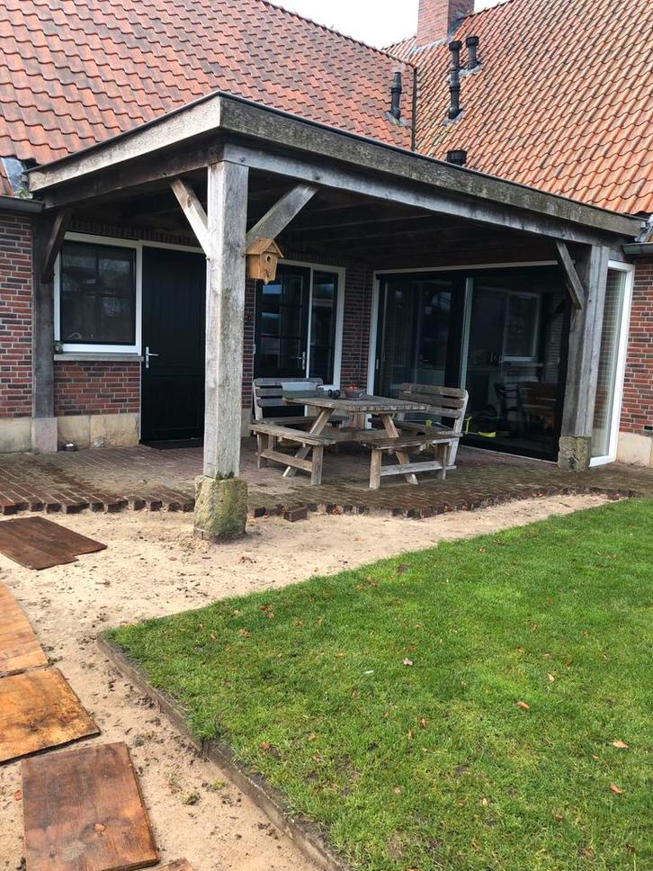 Gebruikte eiken overkapping 5m x 3.8m met Bentheimer poeren, Tuin en Terras, Overkappingen, Gebruikt, Veranda, Ophalen of Verzenden