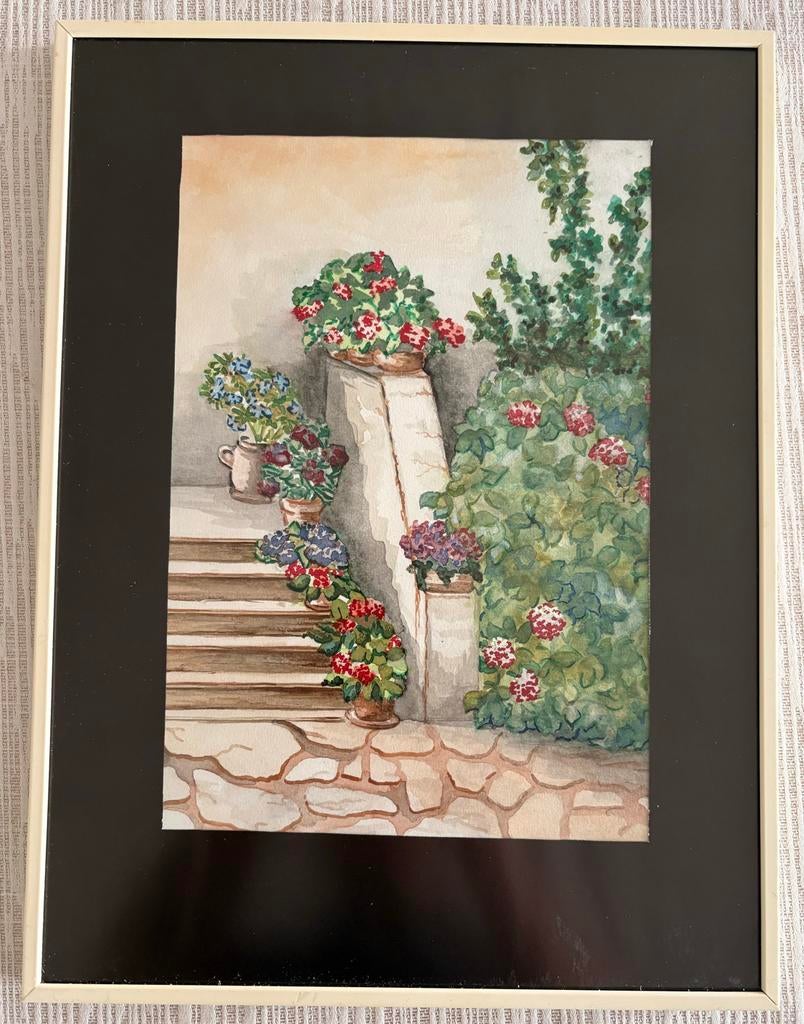 Aquarel 'Portugese trap' met lijst, 30x40 cm, Ophalen of Verzenden
