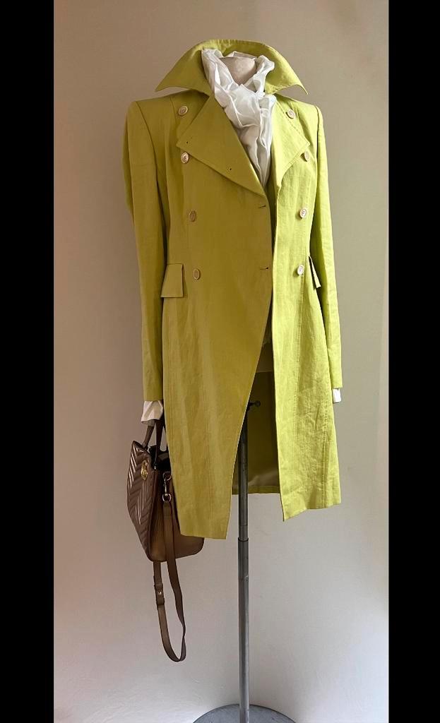Pauw 1 lange linnen double breasted jas in lime, Kleding | Dames, Jassen | Zomer, Zo goed als nieuw, Maat 38/40 (M), Groen, Verzenden