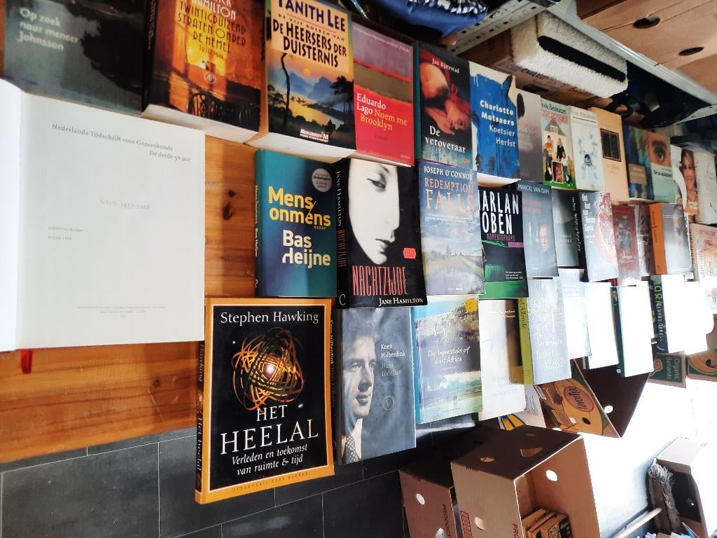 Partij boeken,1 bananendoos vol met 39 boeken,diverse genres, Ophalen, Gelezen, Verschillende onderwerpen