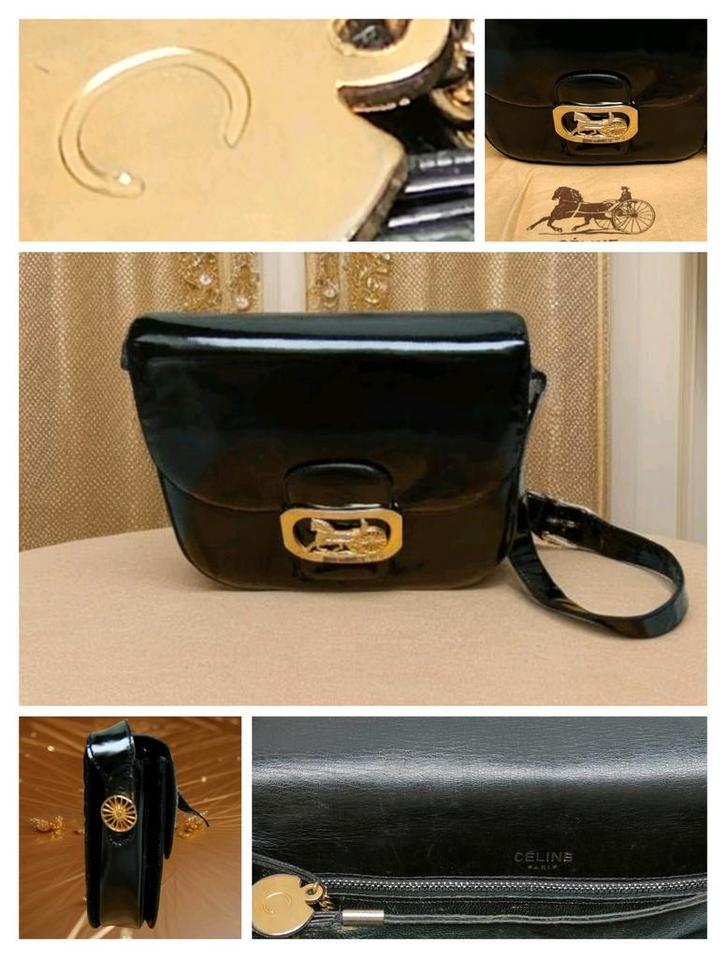 Elegante Vintage Céline Schoudertas zwart lakleer, Sieraden, Tassen en Uiterlijk, Tassen | Schoudertassen, Gebruikt, Overige merken