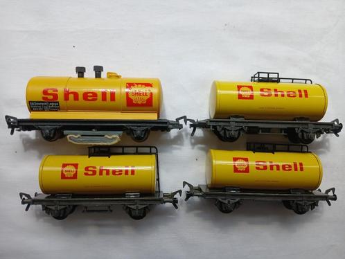 Fleischmann, 4 Shell tankwagens waarvan 1 reiniging, Hobby en Vrije tijd, Modeltreinen | H0, Gebruikt, Wagon, Gelijkstroom, Overige merken