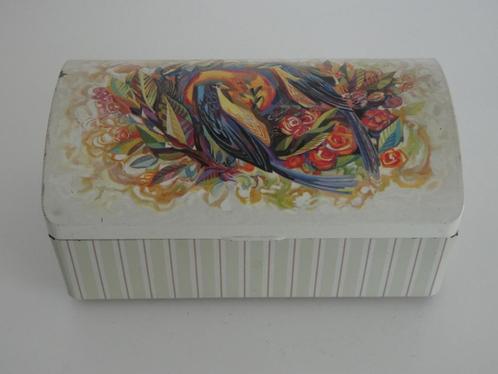 Vintage blik met sierlijke, bont gekleurde vogels, Verzamelen, Blikken, Gebruikt, Overige, Overige merken, Ophalen of Verzenden