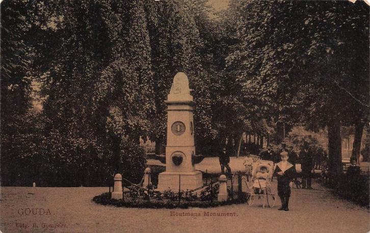 JL980 Tulpkaart Gouda Houtman Monument Gompers 1909, Verzamelen, Ansichtkaarten | Nederland, Gelopen, Zuid-Holland, Voor 1920