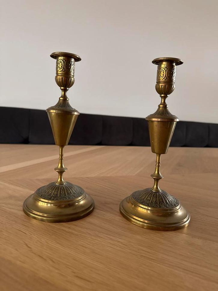Antieke Geelkoperen Kaarsenkandelaars - Set van 2, Antiek en Kunst, Antiek | Kandelaars, Koper of Brons, Ophalen of Verzenden