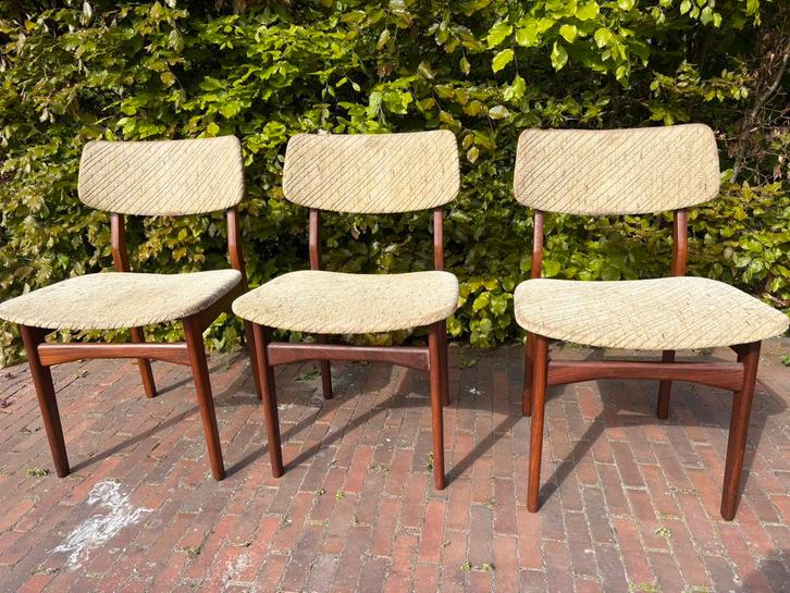 Vintage Mahjongg Vlaardingen Holland stoelen, 3 stuks, Huis en Inrichting, Stoelen, Gebruikt, Drie, Hout, Bruin, Ophalen