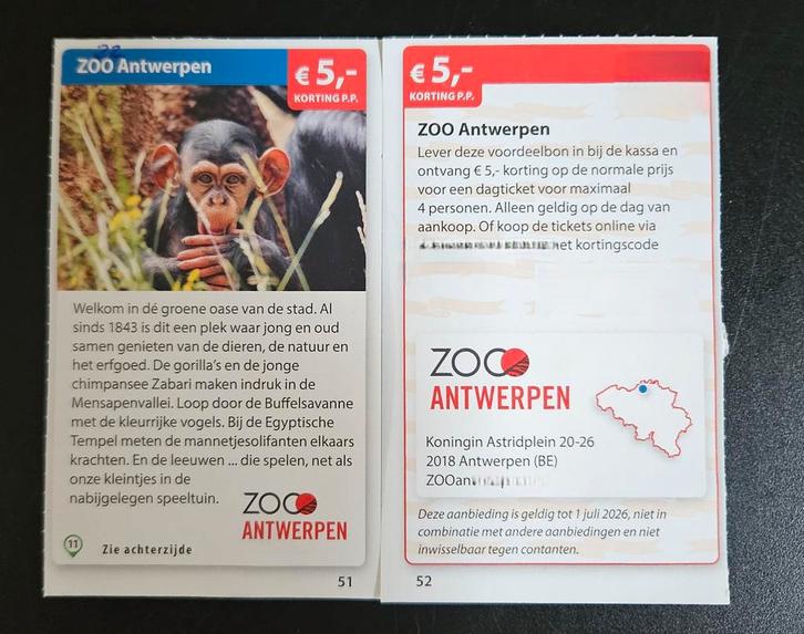 ZOO Antwerpen €5,- korting p.p., Tickets en Kaartjes, Recreatie | Pretparken en Attractieparken, Drie personen of meer, Kortingskaart