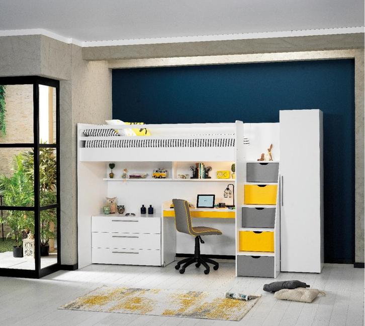 Neo hoogslaper met bureau, ladekast en kledingkast - 90x200, Huis en Inrichting, Slaapkamer | Stapelbedden en Hoogslapers, Nieuw