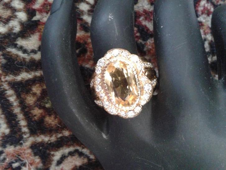 18 krt gg fant. rozetring met citrien en briljant ca 1crt, Sieraden, Tassen en Uiterlijk, Ringen, Nieuw, Dame, 19 tot 20, Geel