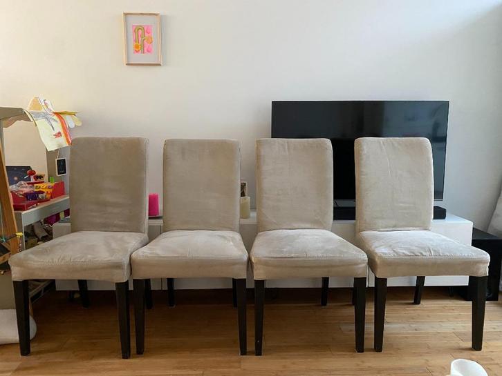 BERGMUND Eetkamerstoel, donker bruin/beige 4x, Huis en Inrichting, Stoelen, Gebruikt, Vier, Bruin, Ophalen