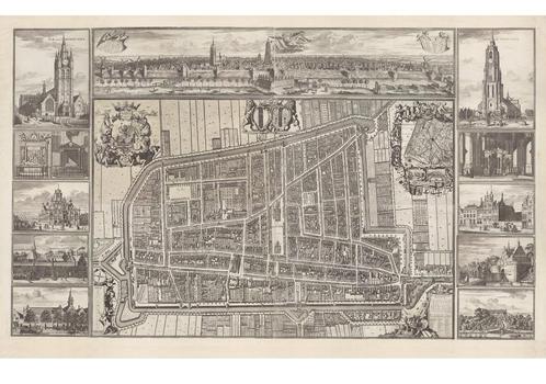 Grote landkaart van Delft anno 1703 met mooie gravures!, Boeken, Atlassen en Landkaarten, Zo goed als nieuw, Landkaart, Wereld