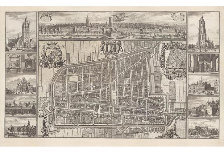 Grote landkaart van Delft anno 1703 met mooie gravures!, Boeken, Atlassen en Landkaarten, Zo goed als nieuw, Landkaart, Wereld