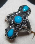 Vintage turkoois marcasiet zilver 925 ring maat 15,5, Ophalen, Blauw, Met edelsteen, Dame